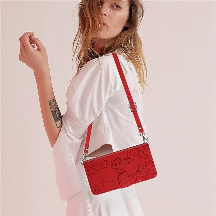 For iPhone XS Max 6.5 inch Skin-touch Leather Cover Imprinting Butterflies Flower Pattern Wallet Stand Phone Case with Shoulder Strap - Red