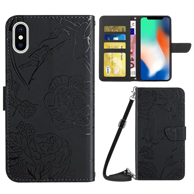 Para Iphone X/XS 5,8 Polegadas Imprimindo Borboletas Padrão de Flores PU Catela de Catareir - Preto