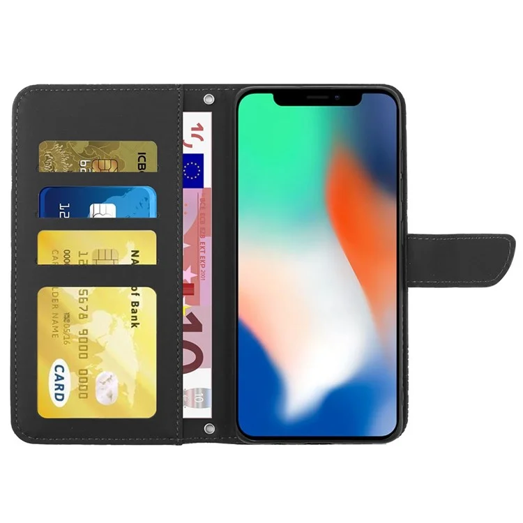 Para Iphone X/XS 5,8 Polegadas Imprimindo Borboletas Padrão de Flores PU Catela de Catareir - Preto