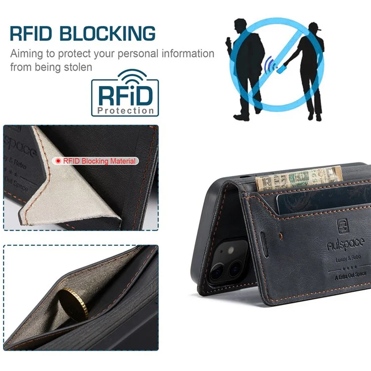 Serie Autspace A01 Per Iphone 12/12 Pro 6,1 Pollici in Pelle PU Custodia Bloccante RFID Blocchet Frip Coperchio - Nero