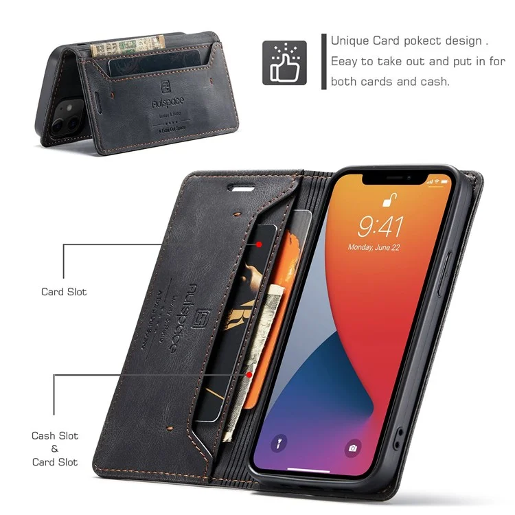 Serie Autspace A01 Per Iphone 12/12 Pro 6,1 Pollici in Pelle PU Custodia Bloccante RFID Blocchet Frip Coperchio - Nero
