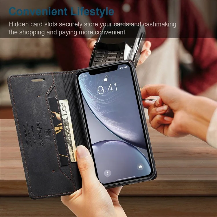 AUTSPACE Serie A01 para iPhone XR de 6.1 pulgadas, funda de piel sintética PU con bloqueo RFID, cartera, soporte y tapa plegable - Negro
