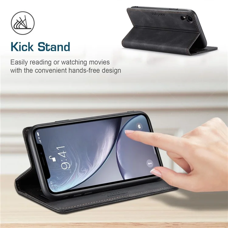 AUTSPACE Serie A01 para iPhone XR de 6.1 pulgadas, funda de piel sintética PU con bloqueo RFID, cartera, soporte y tapa plegable - Negro