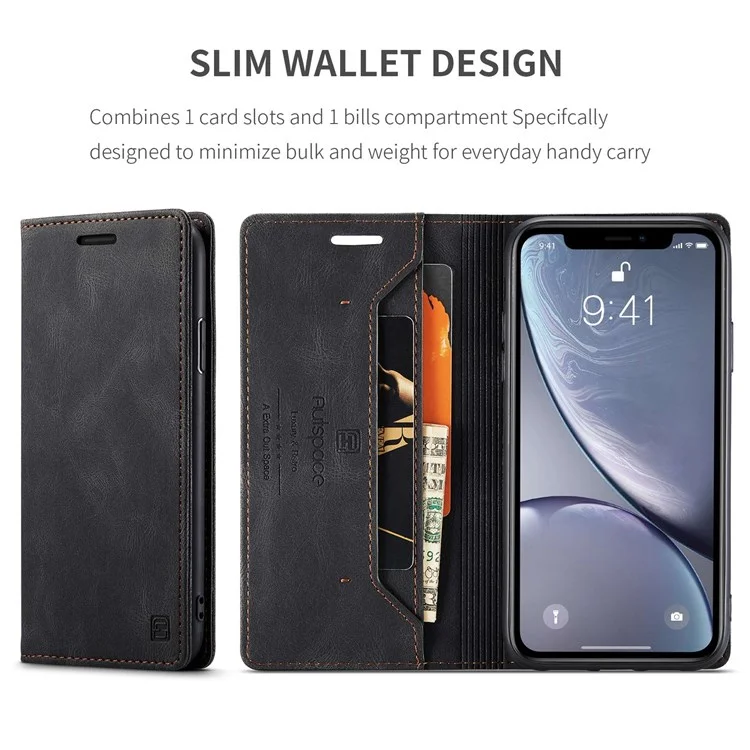 AUTSPACE Serie A01 para iPhone XR de 6.1 pulgadas, funda de piel sintética PU con bloqueo RFID, cartera, soporte y tapa plegable - Negro