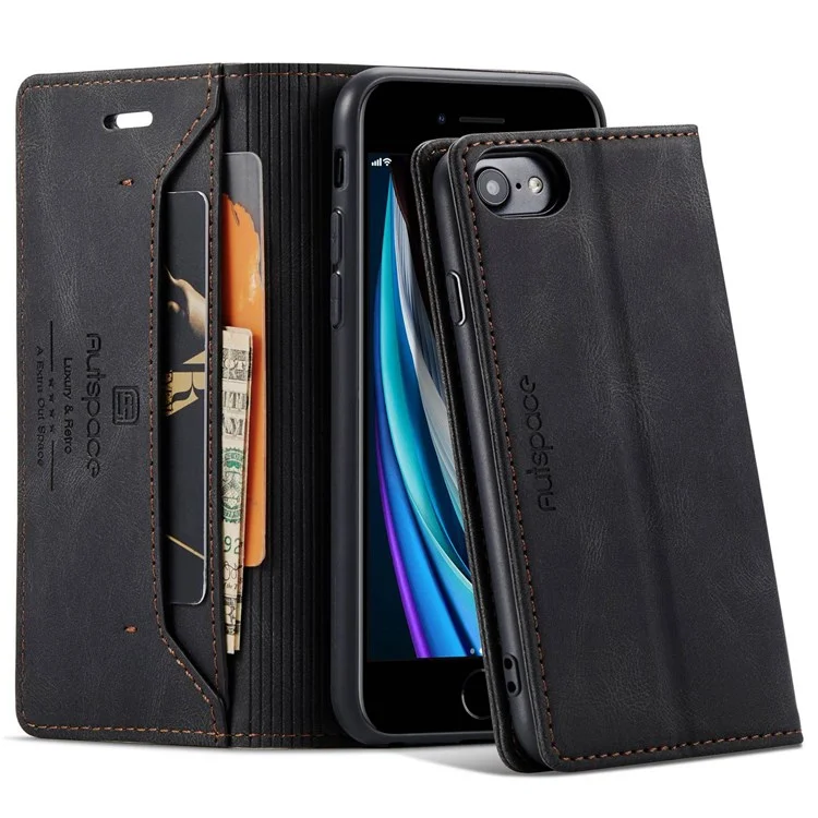 AUTSPACE A01 Série pour iPhone 6/7/8/SE (2020)/SE (2022) Étui en cuir PU RFID Blocage Portefeuille Flip Stand Cover - Noir
