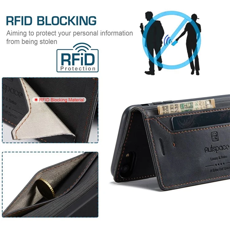 AUTSPACE A01 Série pour iPhone 6/7/8/SE (2020)/SE (2022) Étui en cuir PU RFID Blocage Portefeuille Flip Stand Cover - Noir