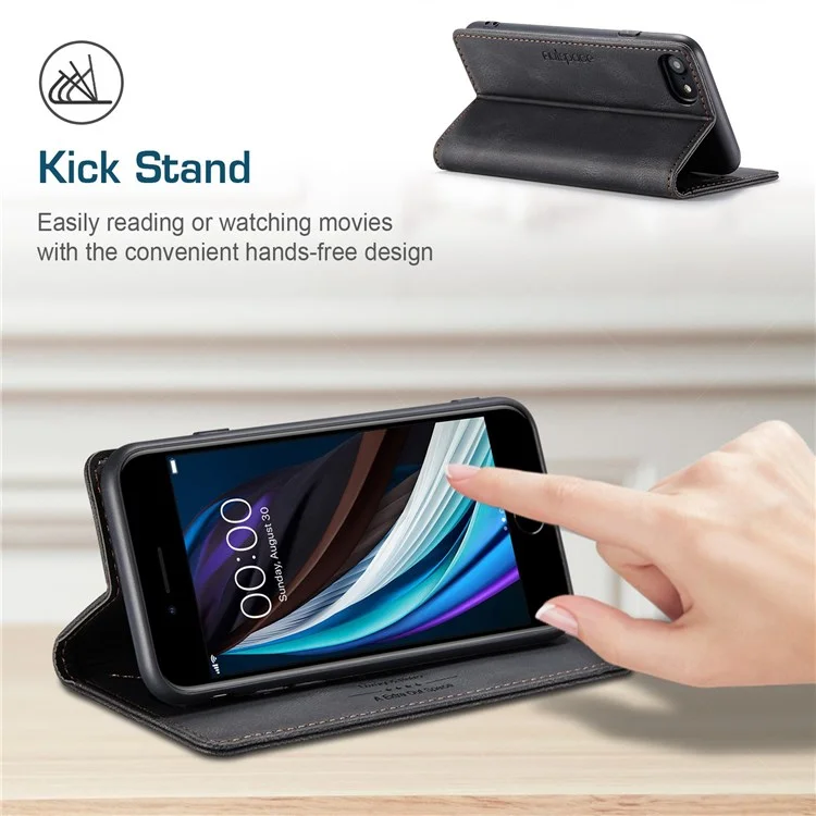 AUTSPACE A01 Série pour iPhone 6/7/8/SE (2020)/SE (2022) Étui en cuir PU RFID Blocage Portefeuille Flip Stand Cover - Noir