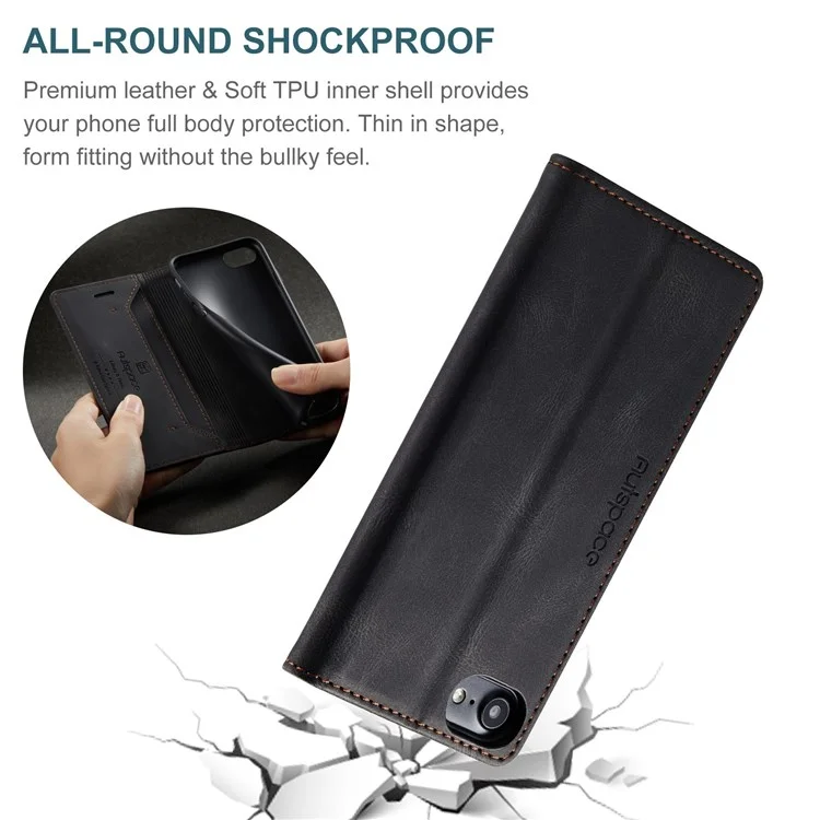AUTSPACE A01 Série pour iPhone 6/7/8/SE (2020)/SE (2022) Étui en cuir PU RFID Blocage Portefeuille Flip Stand Cover - Noir