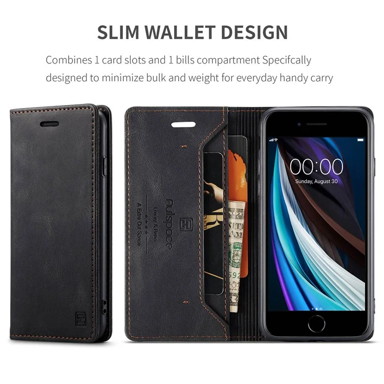 AUTSPACE A01 Série pour iPhone 6/7/8/SE (2020)/SE (2022) Étui en cuir PU RFID Blocage Portefeuille Flip Stand Cover - Noir