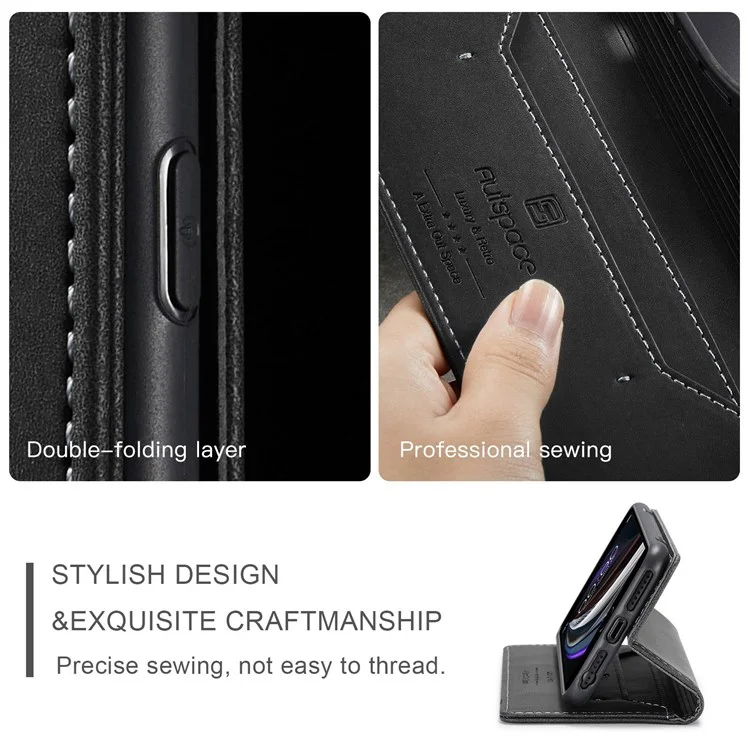 Serie AUTSPACE A01 Para Iphone 6/7/8/SE (2020)/SE (2022) Bloqueo de Cáscara de Cierre Magnético Rfid, Absorción de Choque Retro de Cuero Matte PU Flip Soport - Negro