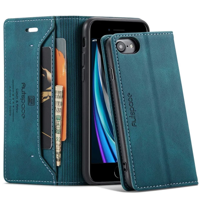 AUTSPACE A01 Series for iPhone 6/7/8/SE (2020)/SE (2022) PU Leather Case RFID Blocking Wallet Flip Stand Cover - Blue