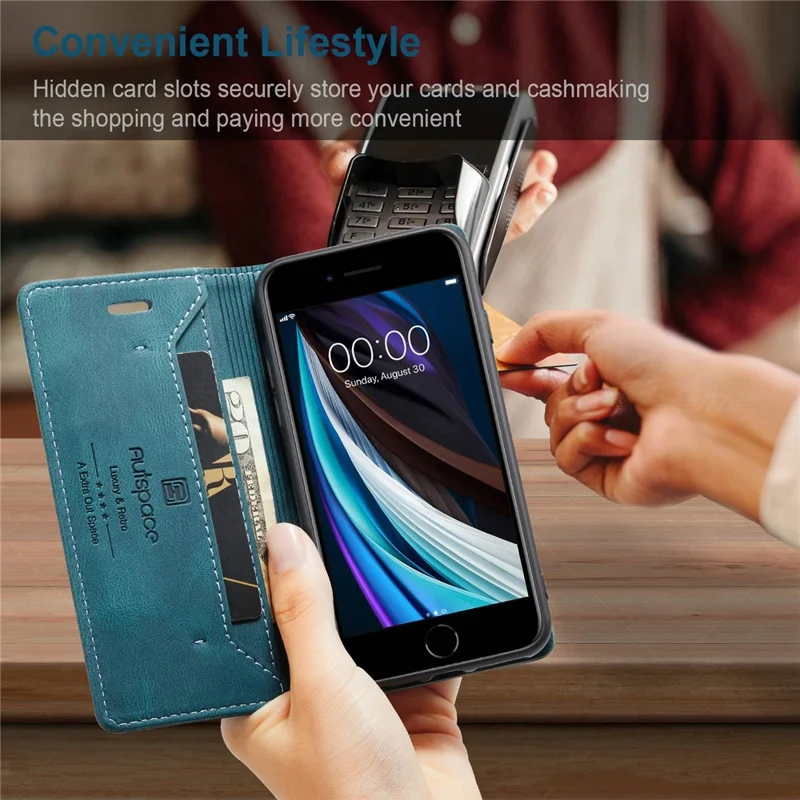 AUTSPACE A01 Series for iPhone 6/7/8/SE (2020)/SE (2022) PU Leather Case RFID Blocking Wallet Flip Stand Cover - Blue