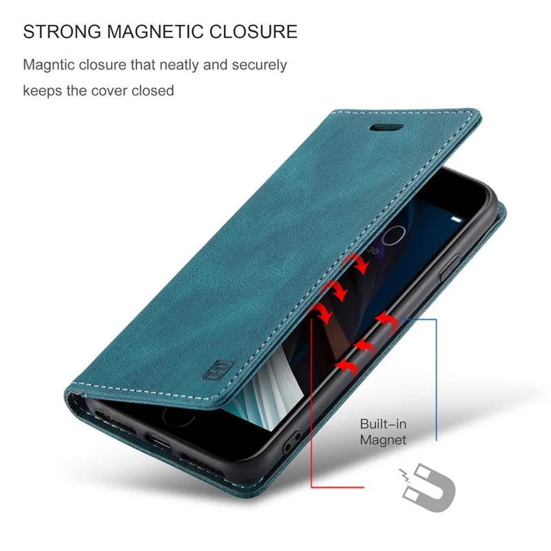 AUTSPACE A01 Series for iPhone 6/7/8/SE (2020)/SE (2022) PU Leather Case RFID Blocking Wallet Flip Stand Cover - Blue