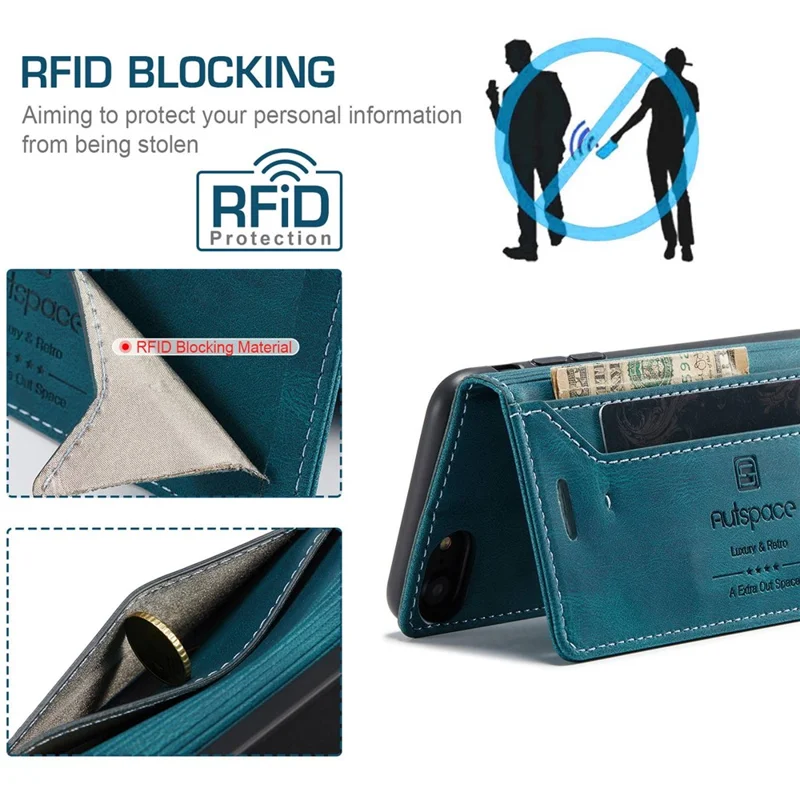 AUTSPACE A01 Series for iPhone 6/7/8/SE (2020)/SE (2022) PU Leather Case RFID Blocking Wallet Flip Stand Cover - Blue