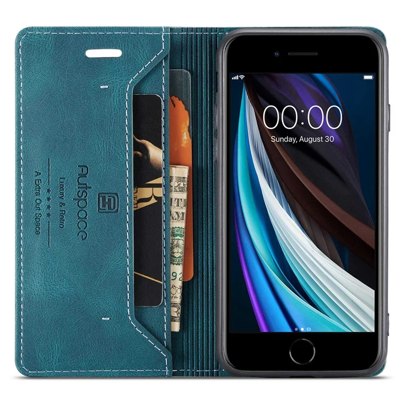 AUTSPACE A01 Series for iPhone 6/7/8/SE (2020)/SE (2022) PU Leather Case RFID Blocking Wallet Flip Stand Cover - Blue