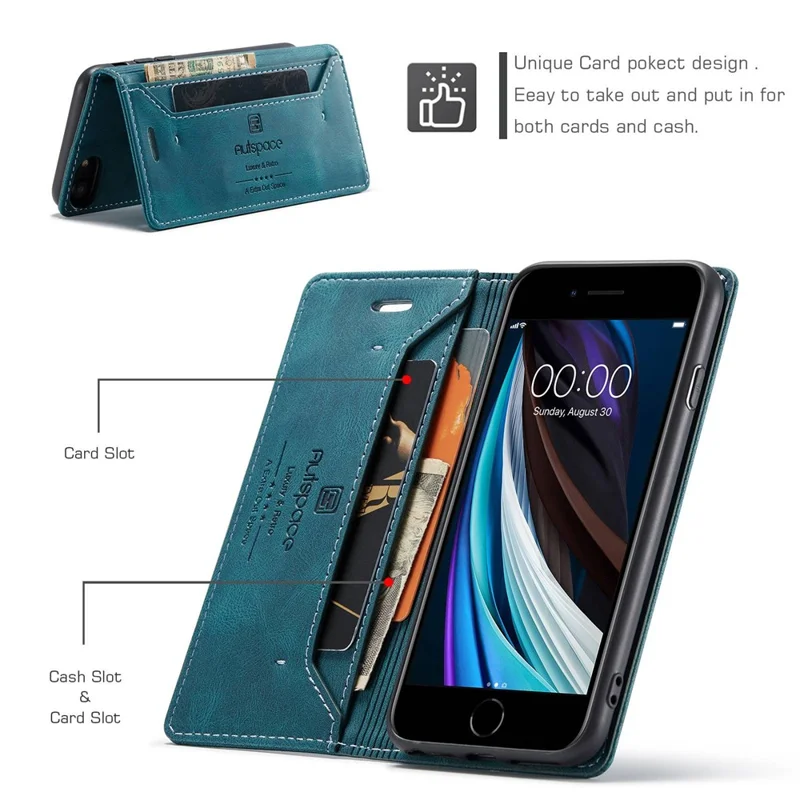 AUTSPACE A01 Series for iPhone 6/7/8/SE (2020)/SE (2022) PU Leather Case RFID Blocking Wallet Flip Stand Cover - Blue