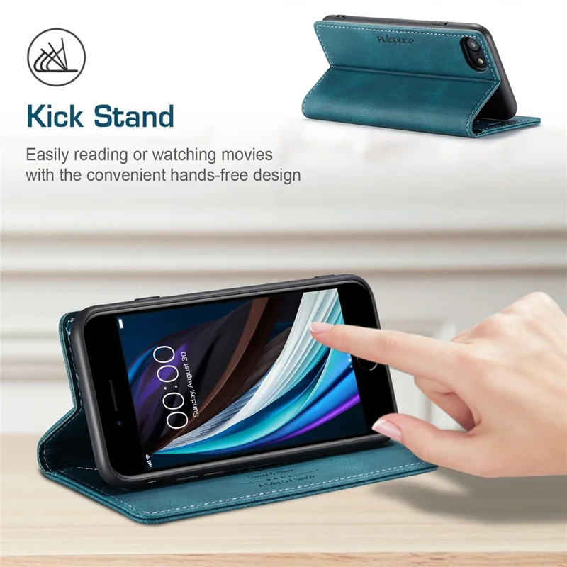 AUTSPACE A01 Series for iPhone 6/7/8/SE (2020)/SE (2022) PU Leather Case RFID Blocking Wallet Flip Stand Cover - Blue