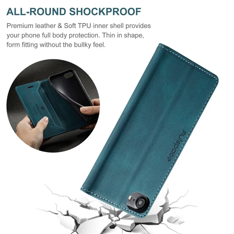 AUTSPACE A01 Series for iPhone 6/7/8/SE (2020)/SE (2022) PU Leather Case RFID Blocking Wallet Flip Stand Cover - Blue