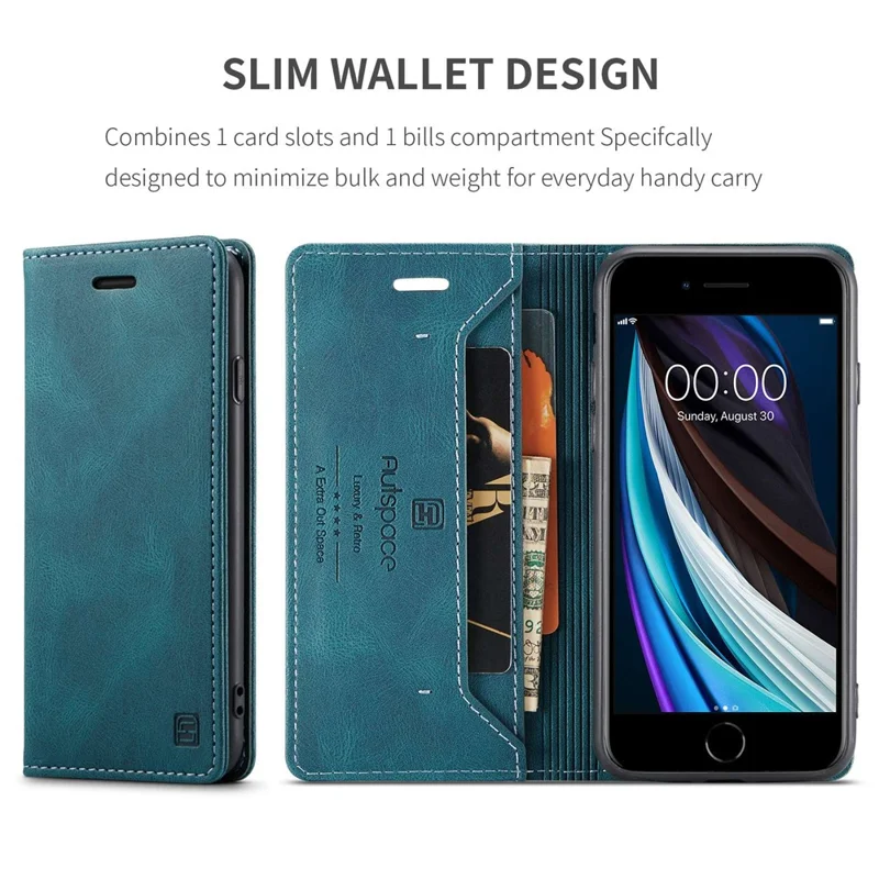 AUTSPACE A01 Series for iPhone 6/7/8/SE (2020)/SE (2022) PU Leather Case RFID Blocking Wallet Flip Stand Cover - Blue