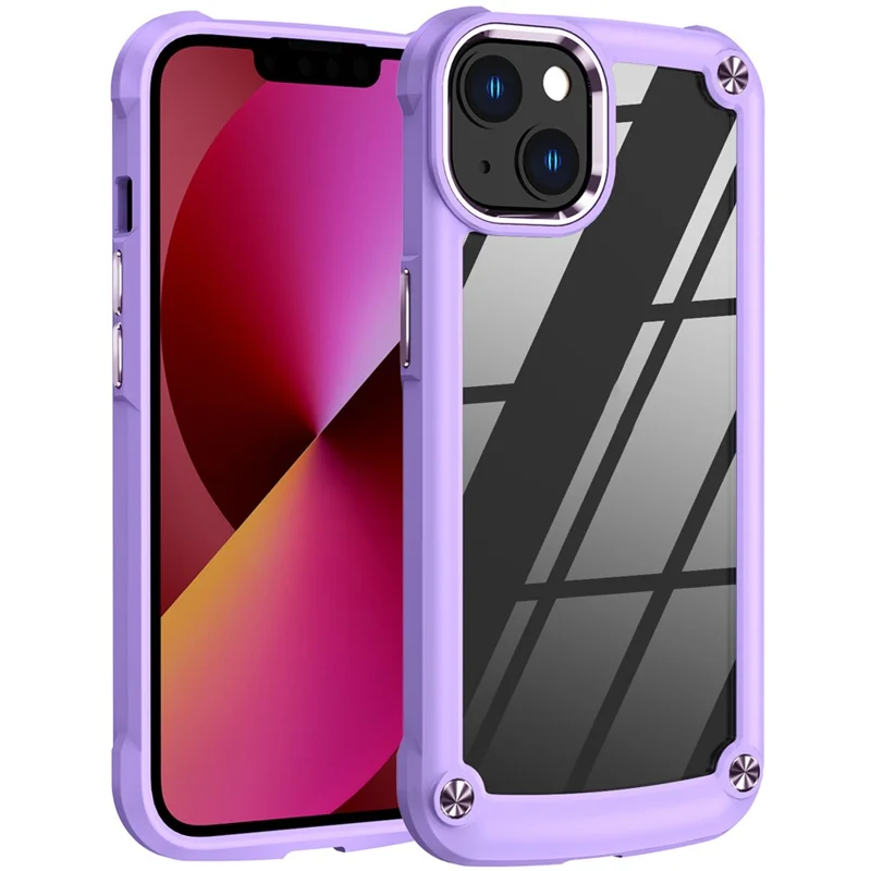 Capeta Protectora de la Cámara de Aluminio Case de Teléfono Para Iphone 13 6.1 Pulgadas, Cuatro Cojines de Esquina PC+TPU Hybrid Transparent Telep Cover Case - Morado/morado