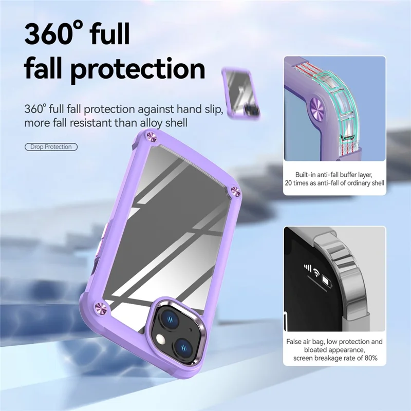 Capeta Protectora de la Cámara de Aluminio Case de Teléfono Para Iphone 13 6.1 Pulgadas, Cuatro Cojines de Esquina PC+TPU Hybrid Transparent Telep Cover Case - Morado/morado