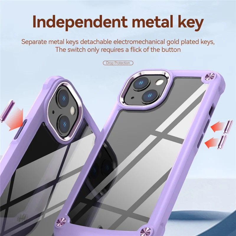 Capeta Protectora de la Cámara de Aluminio Case de Teléfono Para Iphone 13 6.1 Pulgadas, Cuatro Cojines de Esquina PC+TPU Hybrid Transparent Telep Cover Case - Morado/morado