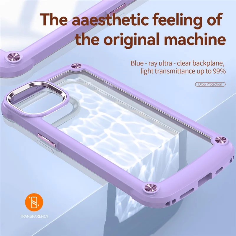 Capeta Protectora de la Cámara de Aluminio Case de Teléfono Para Iphone 13 6.1 Pulgadas, Cuatro Cojines de Esquina PC+TPU Hybrid Transparent Telep Cover Case - Morado/morado