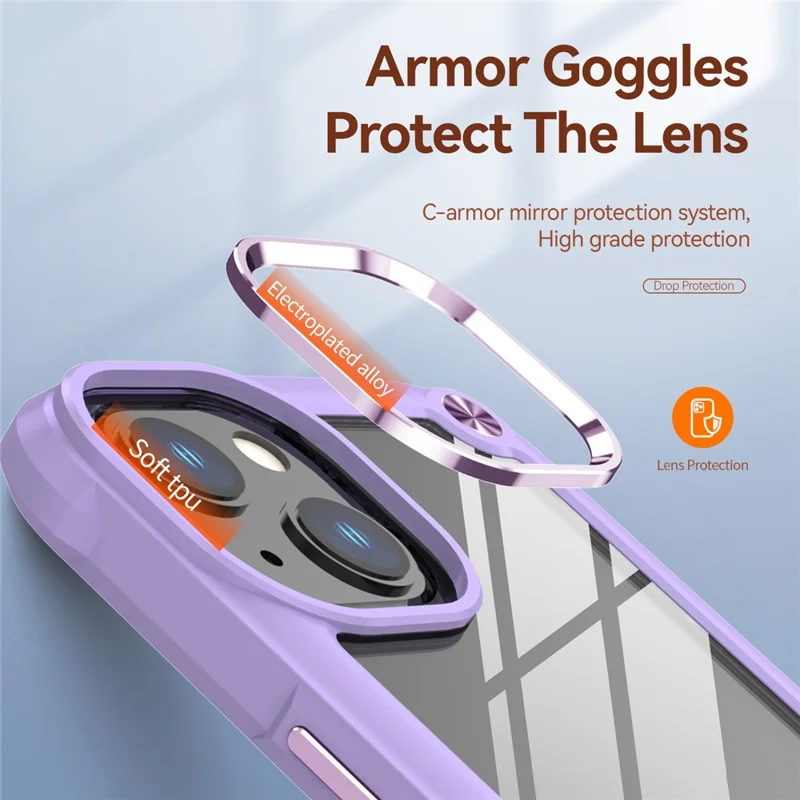 Capeta Protectora de la Cámara de Aluminio Case de Teléfono Para Iphone 13 6.1 Pulgadas, Cuatro Cojines de Esquina PC+TPU Hybrid Transparent Telep Cover Case - Morado/morado