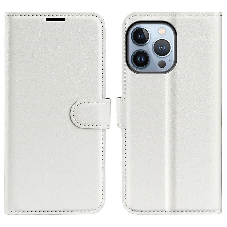 For iPhone 14 Pro Max 6.7 inch Litchi Texture PU Leather Cover All-Round Protection Stand Magnetic Flip Wallet Case - White