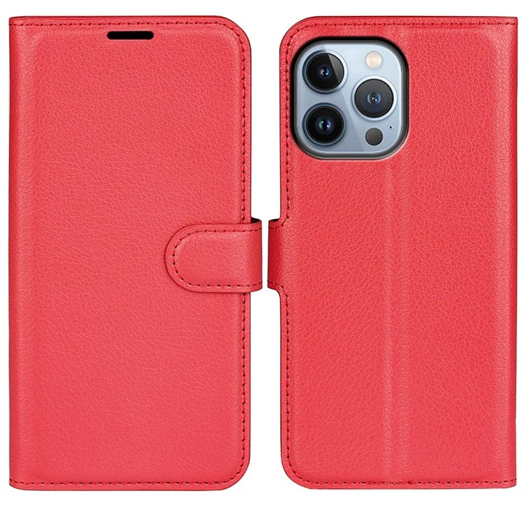 Для iPhone 14 Pro Max 6.7 дюйма Litchi Texture PU Leather Cover All-Round Protection Stand Magnetic Flip Wallet Case - Красный