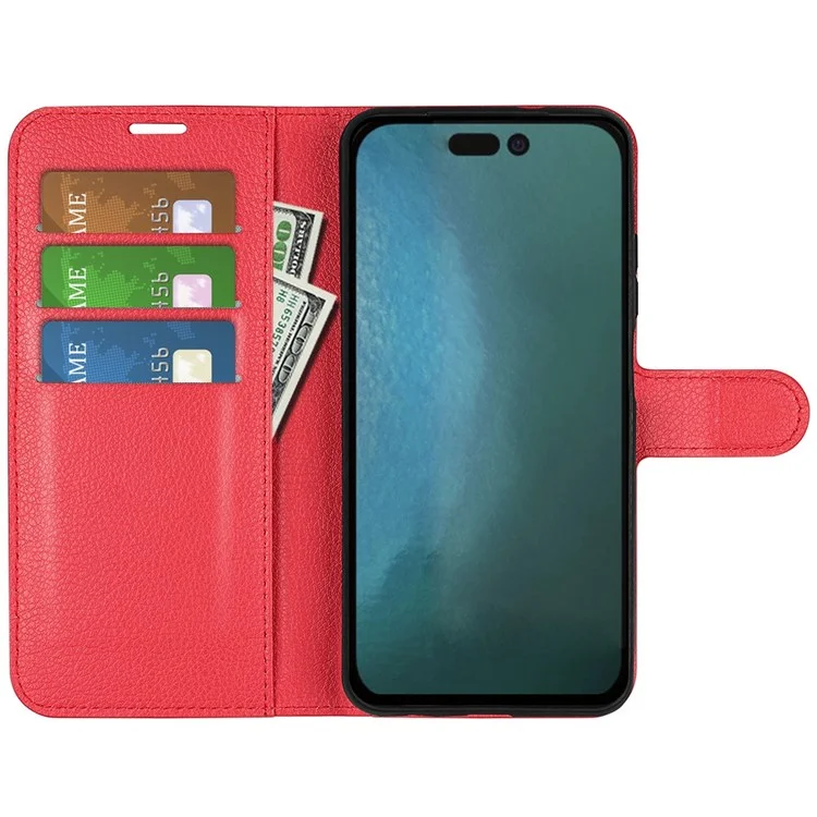 Для iPhone 14 Pro Max 6.7 дюйма Litchi Texture PU Leather Cover All-Round Protection Stand Magnetic Flip Wallet Case - Красный