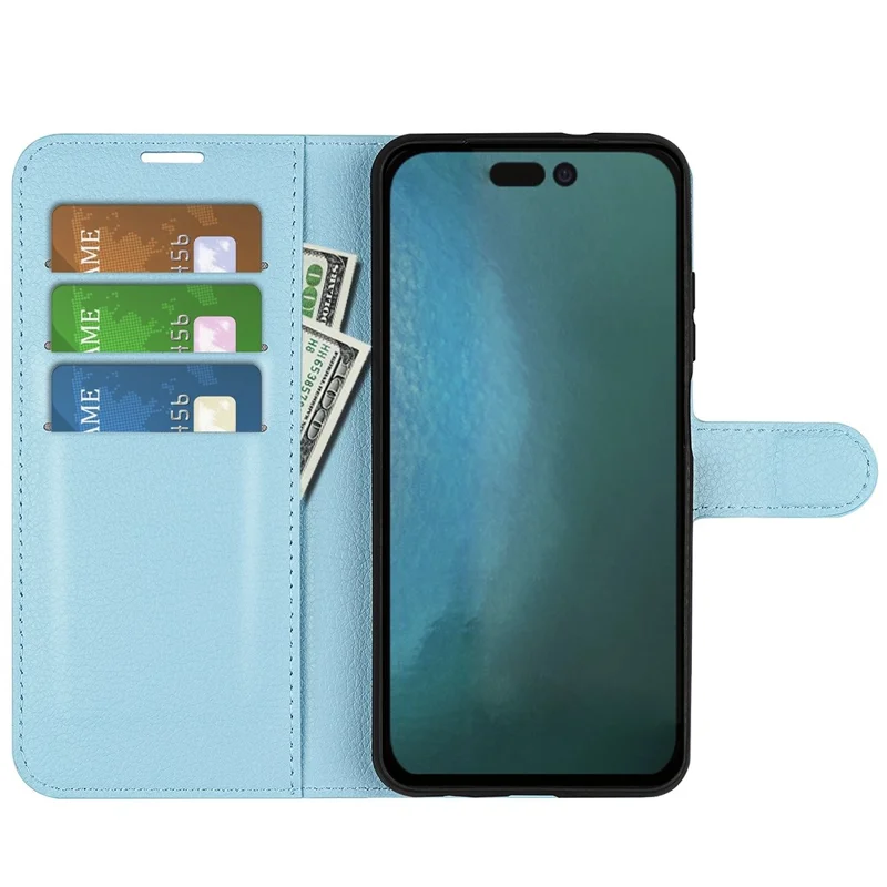 For iPhone 14 Pro Max 6.7 inch Litchi Texture PU Leather Cover All-Round Protection Stand Magnetic Flip Wallet Case - Blue