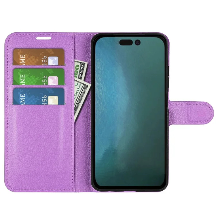 Für IPhone 14 Pro Max 6,7 Zoll Litchi Textur PU Lederabdeckung Allround-Schutzständer Magnetic Flip Wallet Hülle - Lila