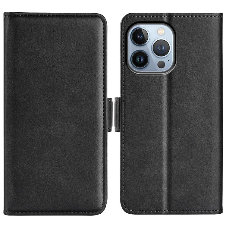 Para Iphone 14 Pro Max 6.7 Pulgadas Funda de Cuero de Cuero PU de 6.7 Pulgadas Cubierta de Chanclas de Soporte a Prueba de Amortiguador Doble - Negro