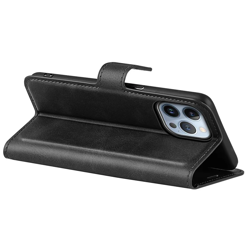 For iPhone 14 Pro Max 6.7 inch Textured PU Leather Anti-collision Phone Case Wallet Stand Cell Phone Cover - Black