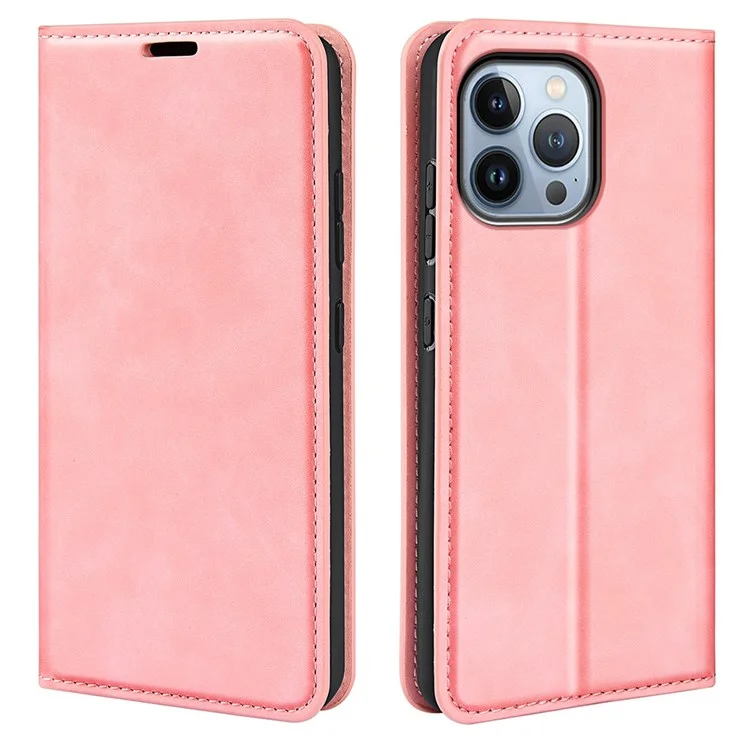 Para Iphone 14 Pro Máximo de 6,7 Polegadas de Pele Macia, Sentimento de Couro Fólio Capa de Flip Capa Horizontal Stand Stand Magnetic Absortion Telefone Capa - Rosa