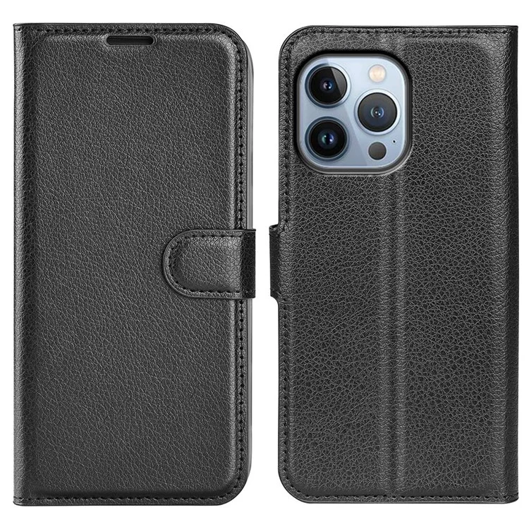 Для iPhone 14 Pro 6.1 дюймов Litchi Texture PU Leather Stand Flip Cover Anti-Scratch Full Protective Wallet Phone Case - Черный