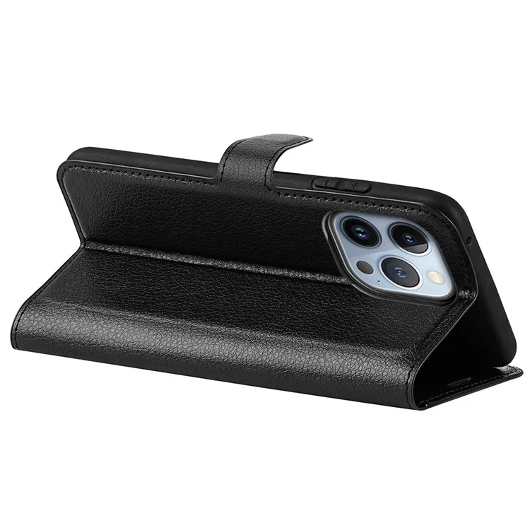 Для iPhone 14 Pro 6.1 дюймов Litchi Texture PU Leather Stand Flip Cover Anti-Scratch Full Protective Wallet Phone Case - Черный