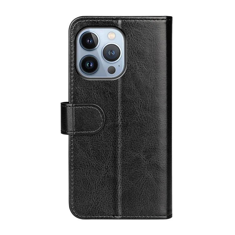 For iPhone 14 Pro 6.1 inch PU Leather Stand Flip Cover Crazy Horse Texture Wallet Magnetic TPU Protect Inner Shell - Black