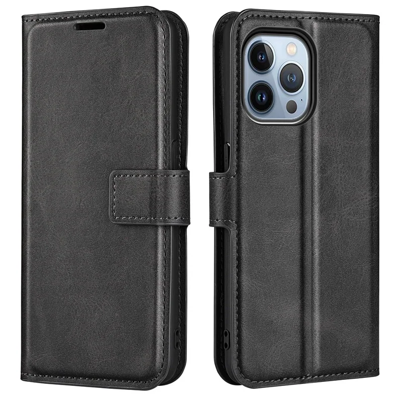 For iPhone 14 Pro 6.1 inch Anti-fall Textured PU Leather Phone Case Magnetic Closing Phone Protector with Wallet Stand - Black