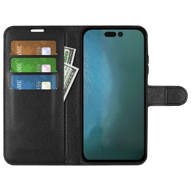 For iPhone 14 6.1 inch PU Leather Wallet Phone Case Litchi Texture Stand All-inclusive Protection Shell - Black