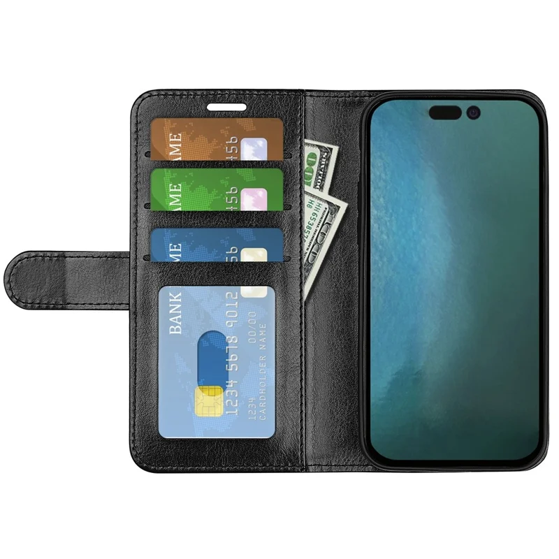 Für Iphone 14 6,1 Zoll Gut Geschützte Verrückte Pferde Textur Leder Folio Hülle Magnetwallet Flip Anti-fall-abdeckung - Schwarz