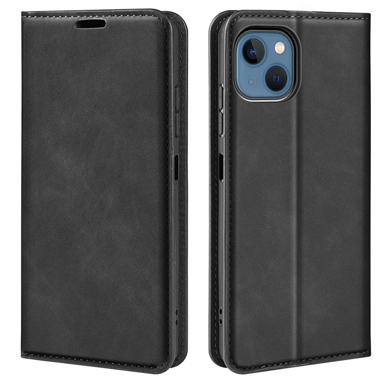 For iPhone 14 6.1 inch Skin-touch Feeling Leather Wallet Case Magnetic Auto Closing Stand TPU Shockproof Interior Cover - Black
