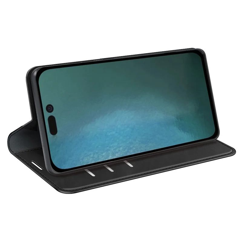 For iPhone 14 6.1 inch Skin-touch Feeling Leather Wallet Case Magnetic Auto Closing Stand TPU Shockproof Interior Cover - Black