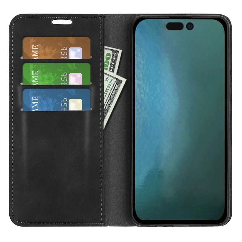 For iPhone 14 6.1 inch Skin-touch Feeling Leather Wallet Case Magnetic Auto Closing Stand TPU Shockproof Interior Cover - Black