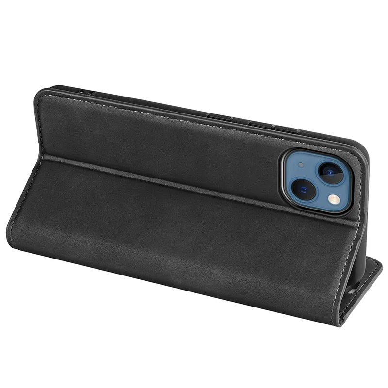 For iPhone 14 6.1 inch Skin-touch Feeling Leather Wallet Case Magnetic Auto Closing Stand TPU Shockproof Interior Cover - Black