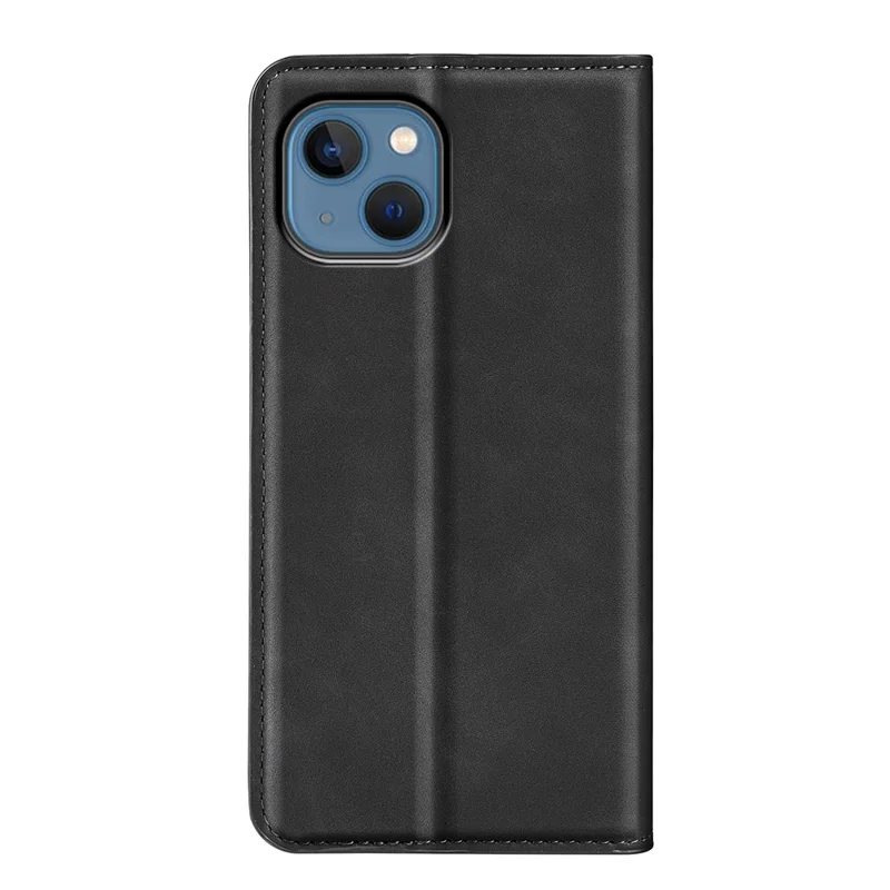 For iPhone 14 6.1 inch Skin-touch Feeling Leather Wallet Case Magnetic Auto Closing Stand TPU Shockproof Interior Cover - Black