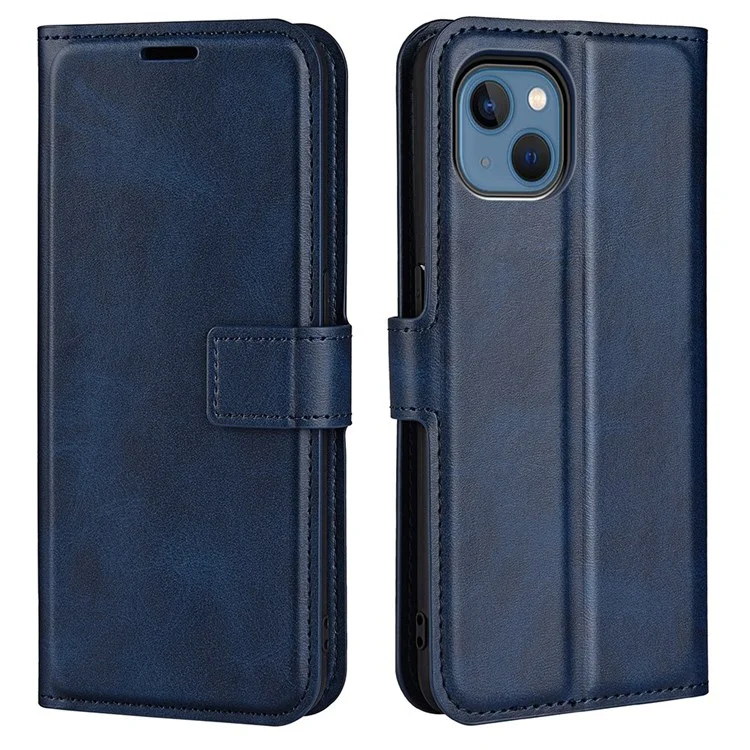 For iPhone 14 Plus 6.7 inch Textured PU Leather Side Magnetic Closure Phone Case Wallet Stand Shell - Blue