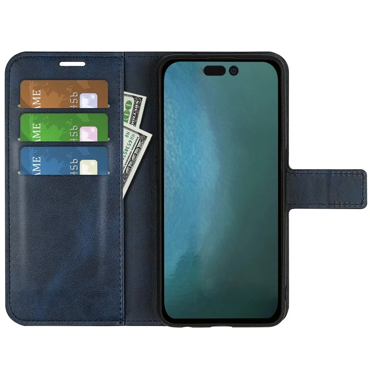For iPhone 14 Plus 6.7 inch Textured PU Leather Side Magnetic Closure Phone Case Wallet Stand Shell - Blue
