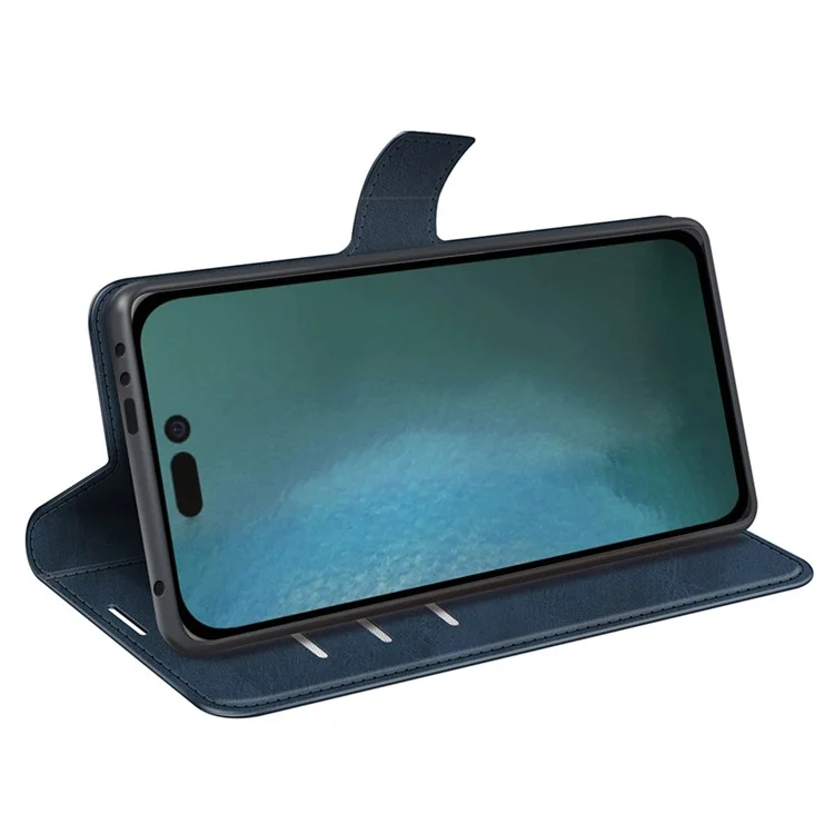 For iPhone 14 Plus 6.7 inch Textured PU Leather Side Magnetic Closure Phone Case Wallet Stand Shell - Blue